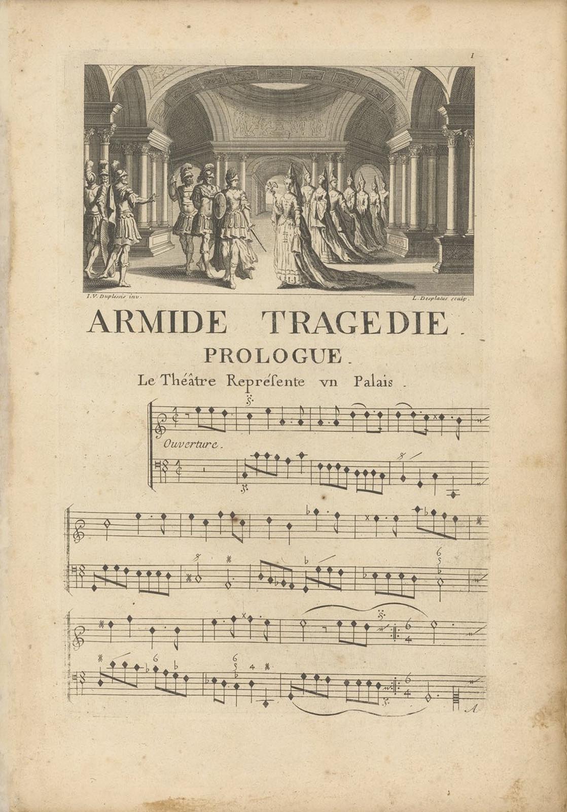 Image d'une page manuscrite illustrée de la partition de l'opéra Armide de Lully